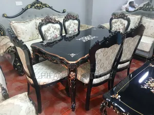 6-Seater Wooden Dining Table Set – Black Gold Luxury Design