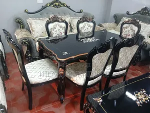 6-Seater Wooden Dining Table Set – Black Gold Luxury Design