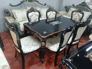 6-Seater Wooden Dining Table Set – Black Gold Luxury Design