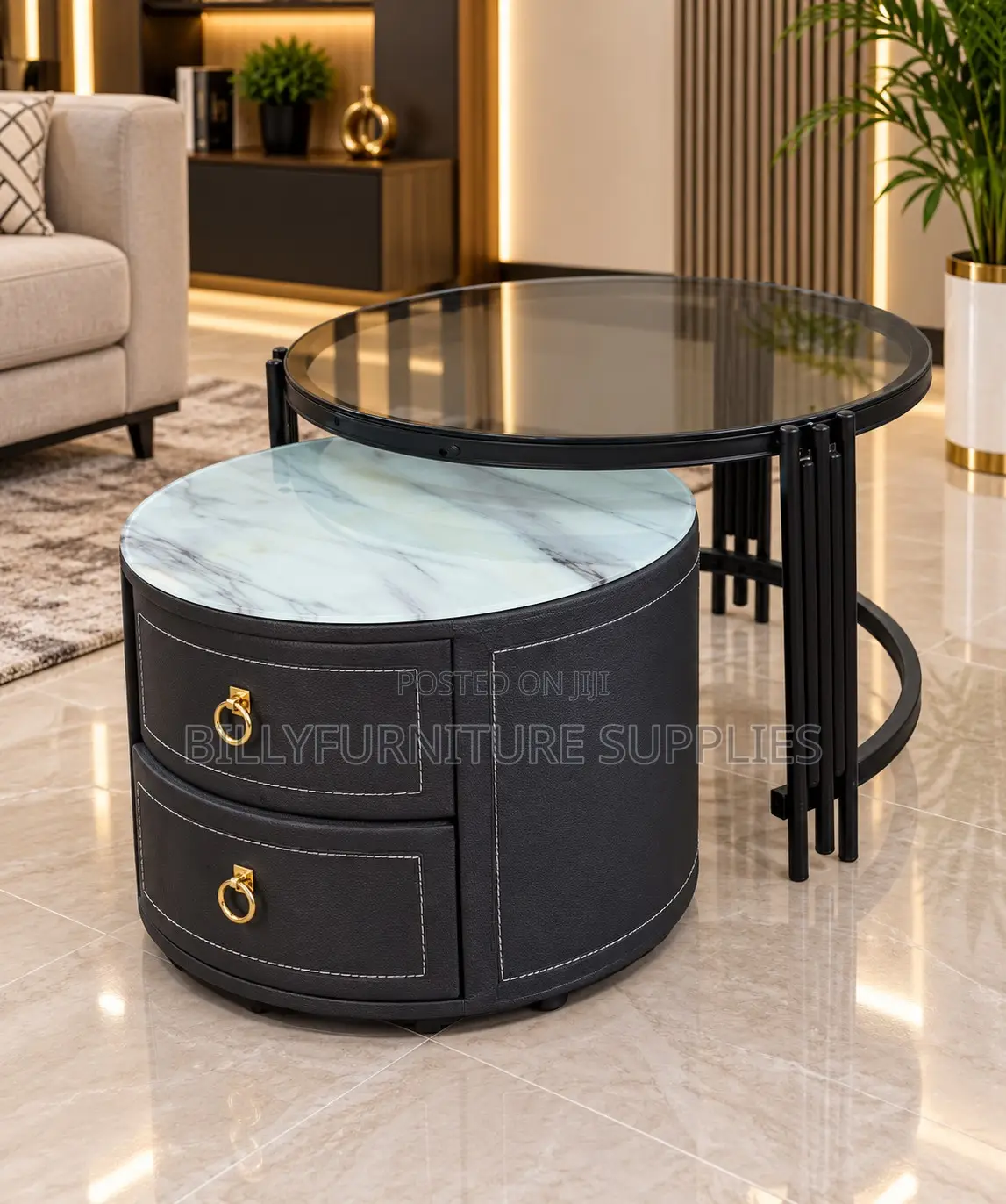 Modern Round Coffee Table With Nested Marble-Top Storage Ottoman