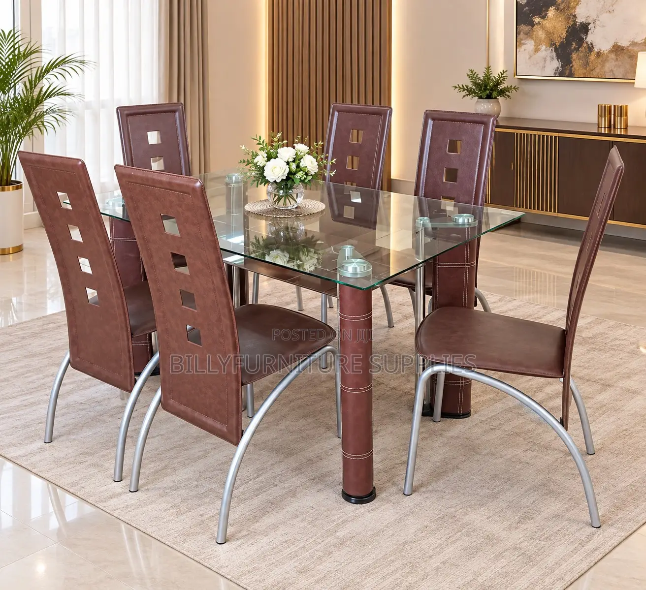 Elegant 6-Seater Glass Dining Table Set Leather Chairs