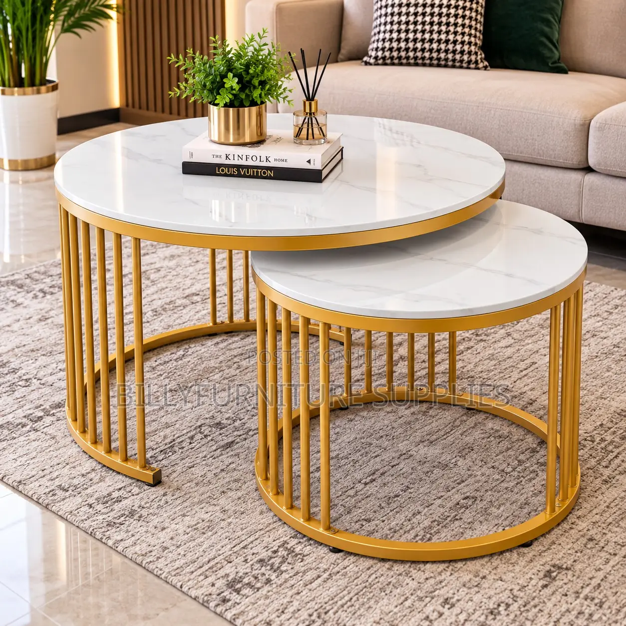 Modern 2-Piece Round Coffee Table Set With Vertical Gold Bar Frames