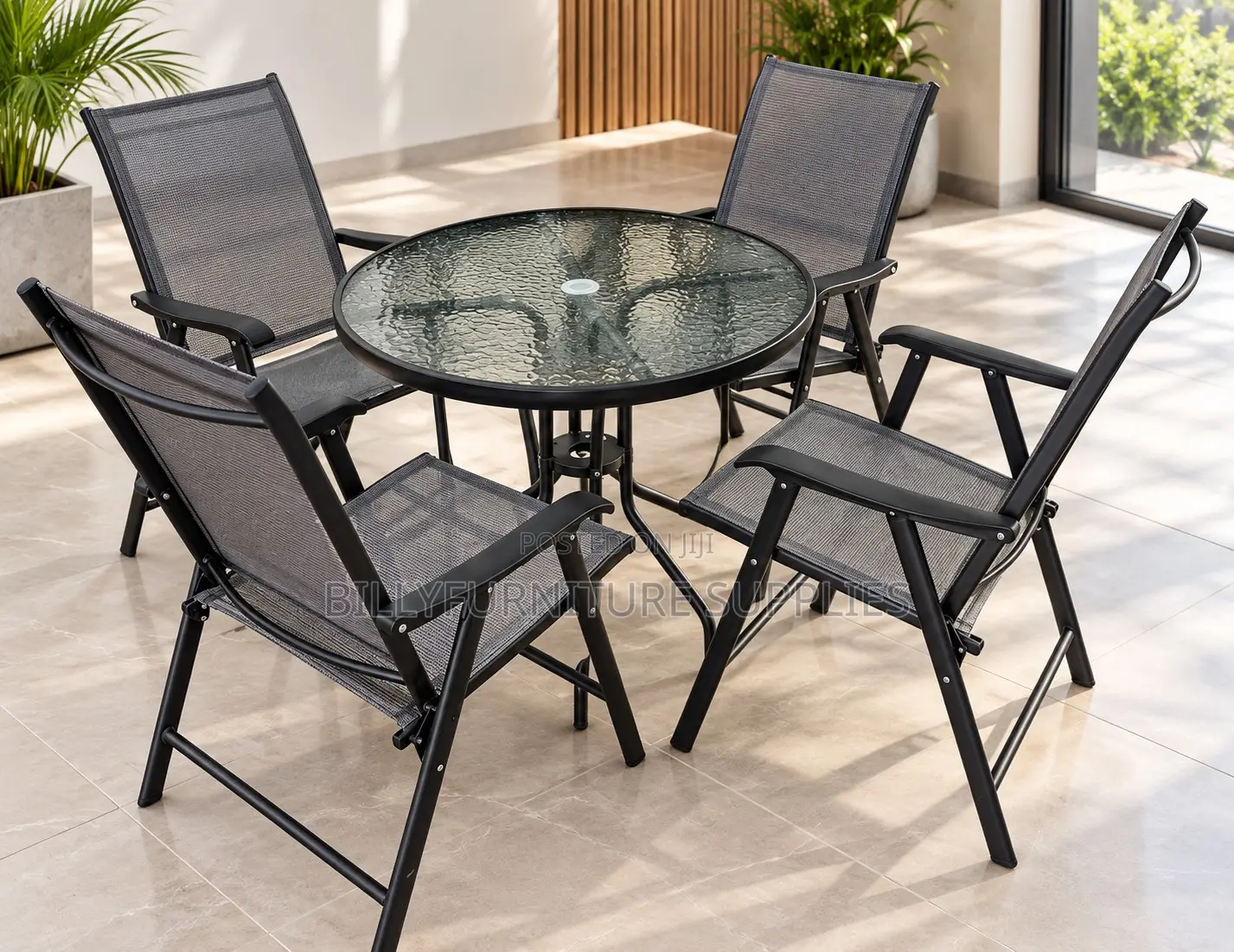 4-Seater Outdoor Patio Dining Set With Glass Table Folding Chairs