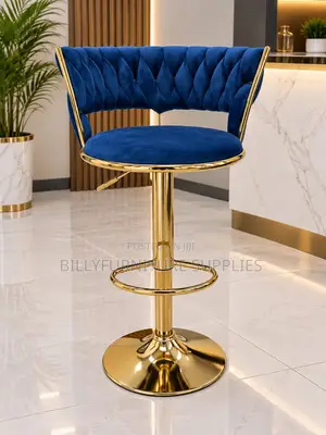 Luxury Blue Velvet Gold Adjustable Bar Stool With Swivel Footrest