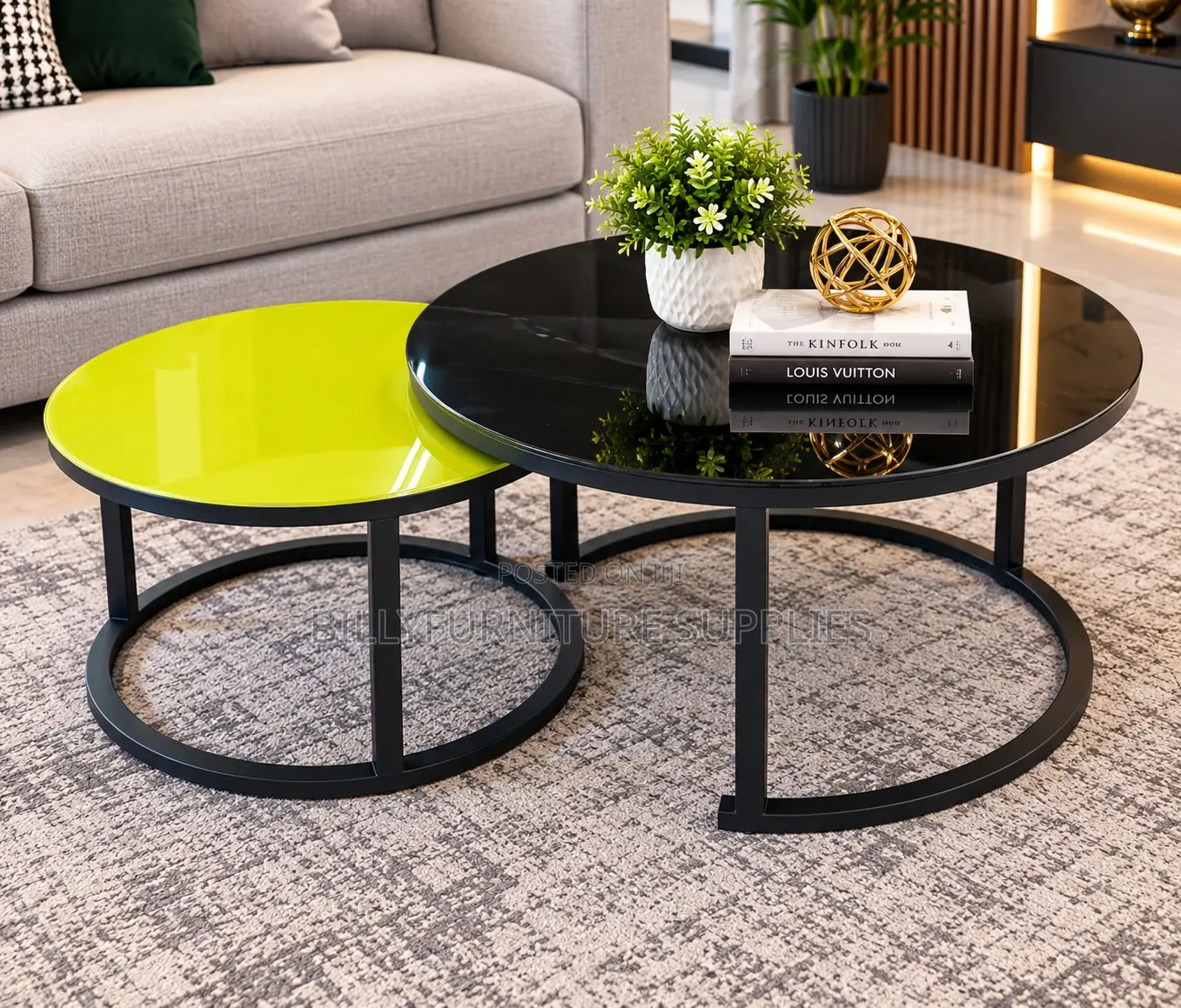 Modern Black Nesting Coffee Table Set With Round Glossy Tops