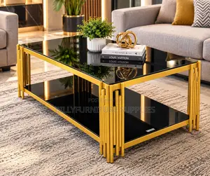 Luxury Black Glass Coffee Table With Gold Metal Frame