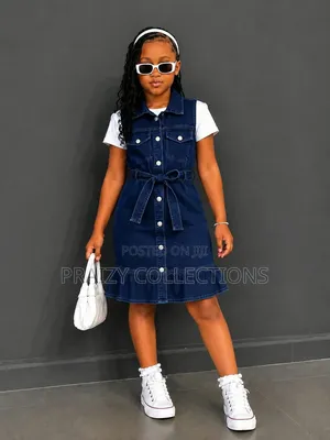 3pc Baby Girl Set Denim Dress White Top White Hairband 2-8yrs