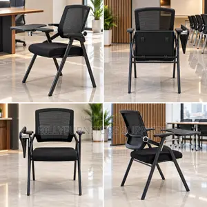 Modern Black Mesh Chair With Writing Tablet, Folding Frame Armrests