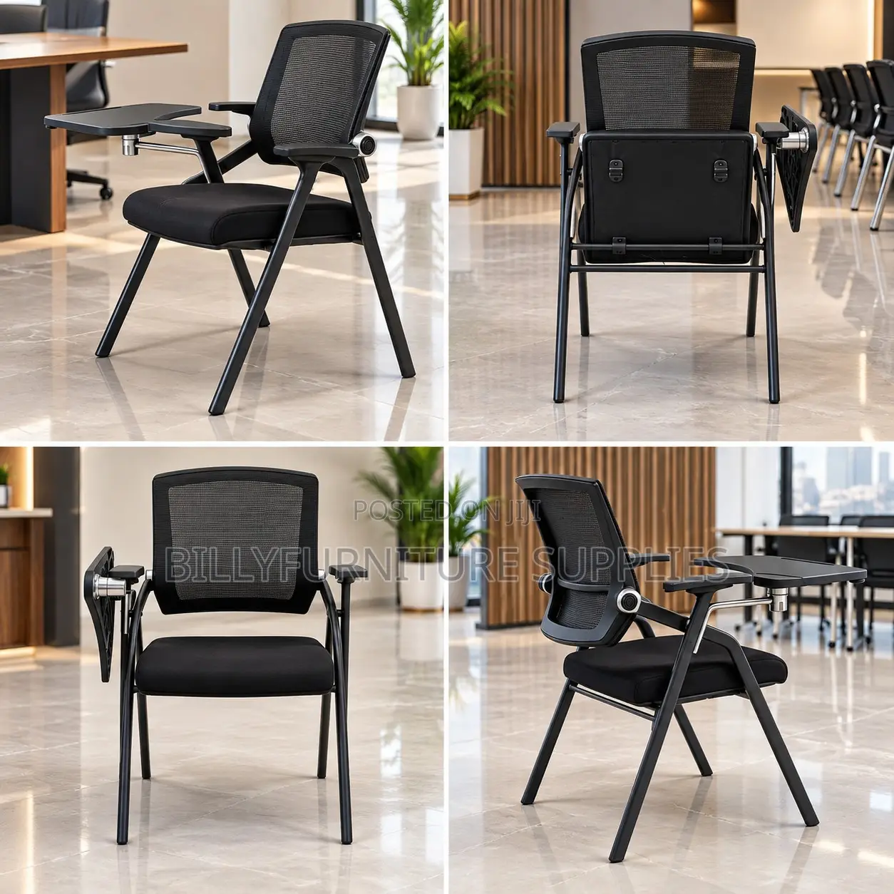 Modern Black Mesh Chair With Writing Tablet, Folding Frame Armrests