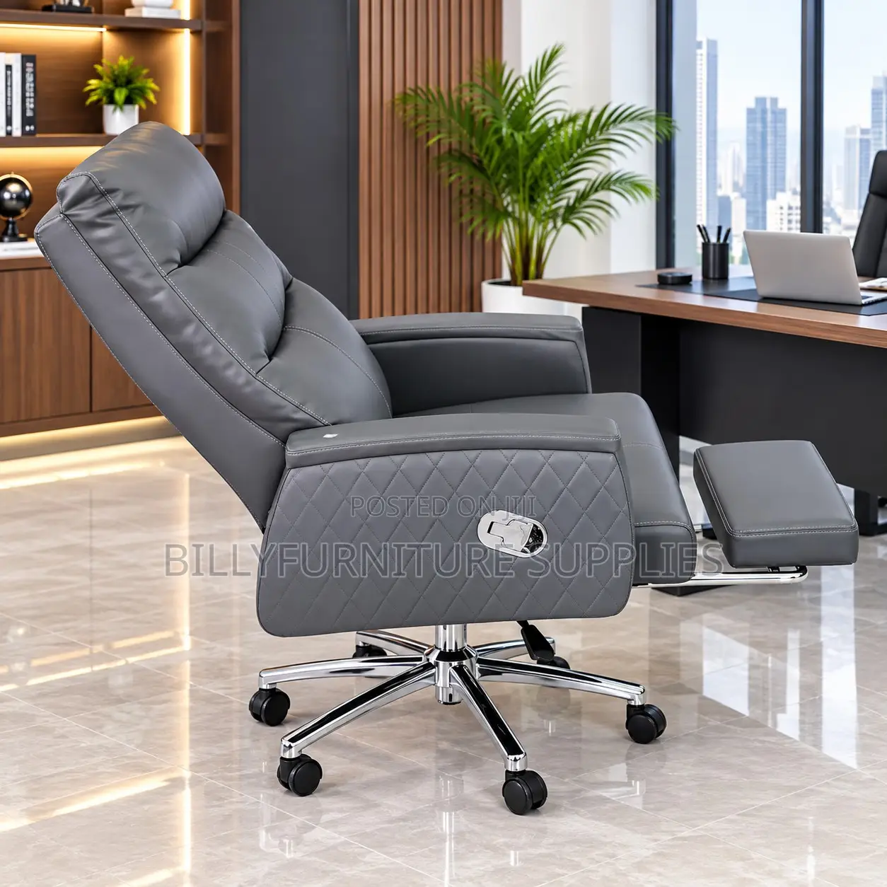 Luxury Grey Leather Executive Reclining Office Chair With Footrest