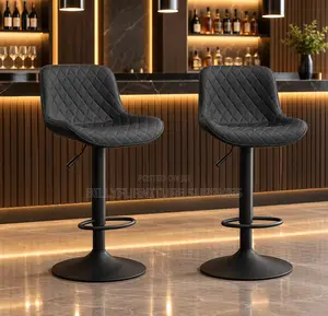 Modern Black Quilted Leather Adjustable Bar Stool With Footrest