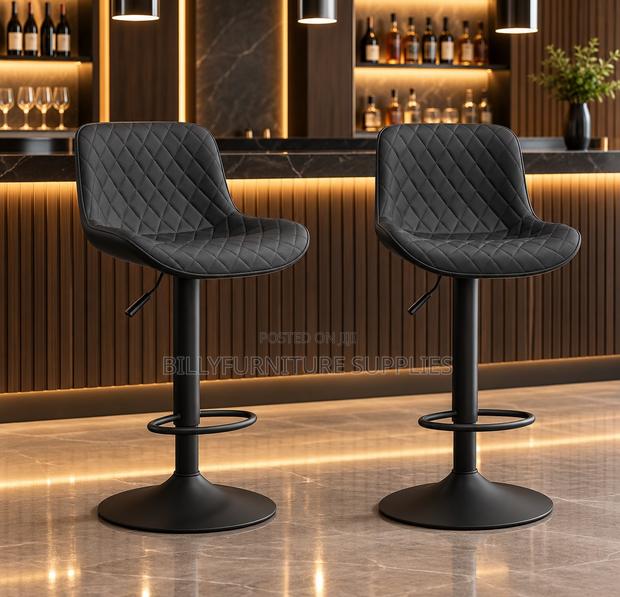 Modern Black Quilted Leather Adjustable Bar Stool With Footrest