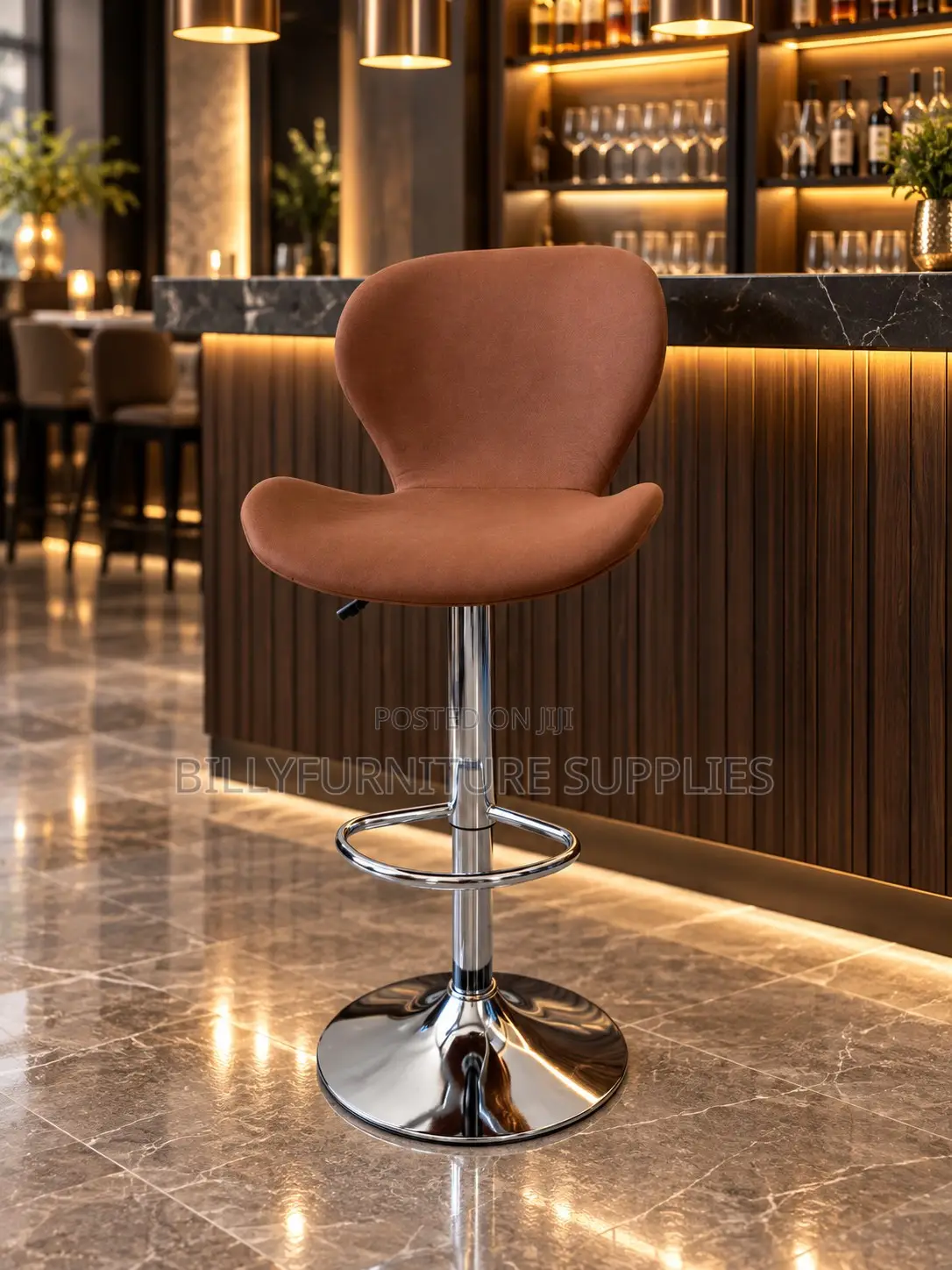 Modern Brown Velvet Bar Stool With Curved Backrest