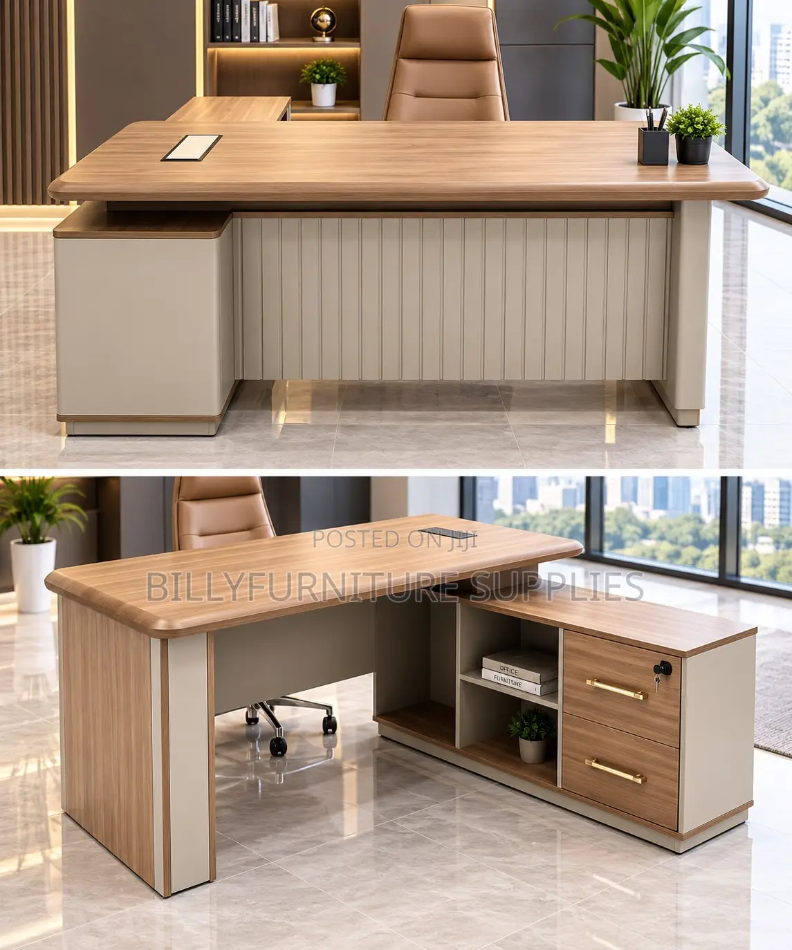 Executive Desk With Side Return, Lockable Drawers Storage Shelves