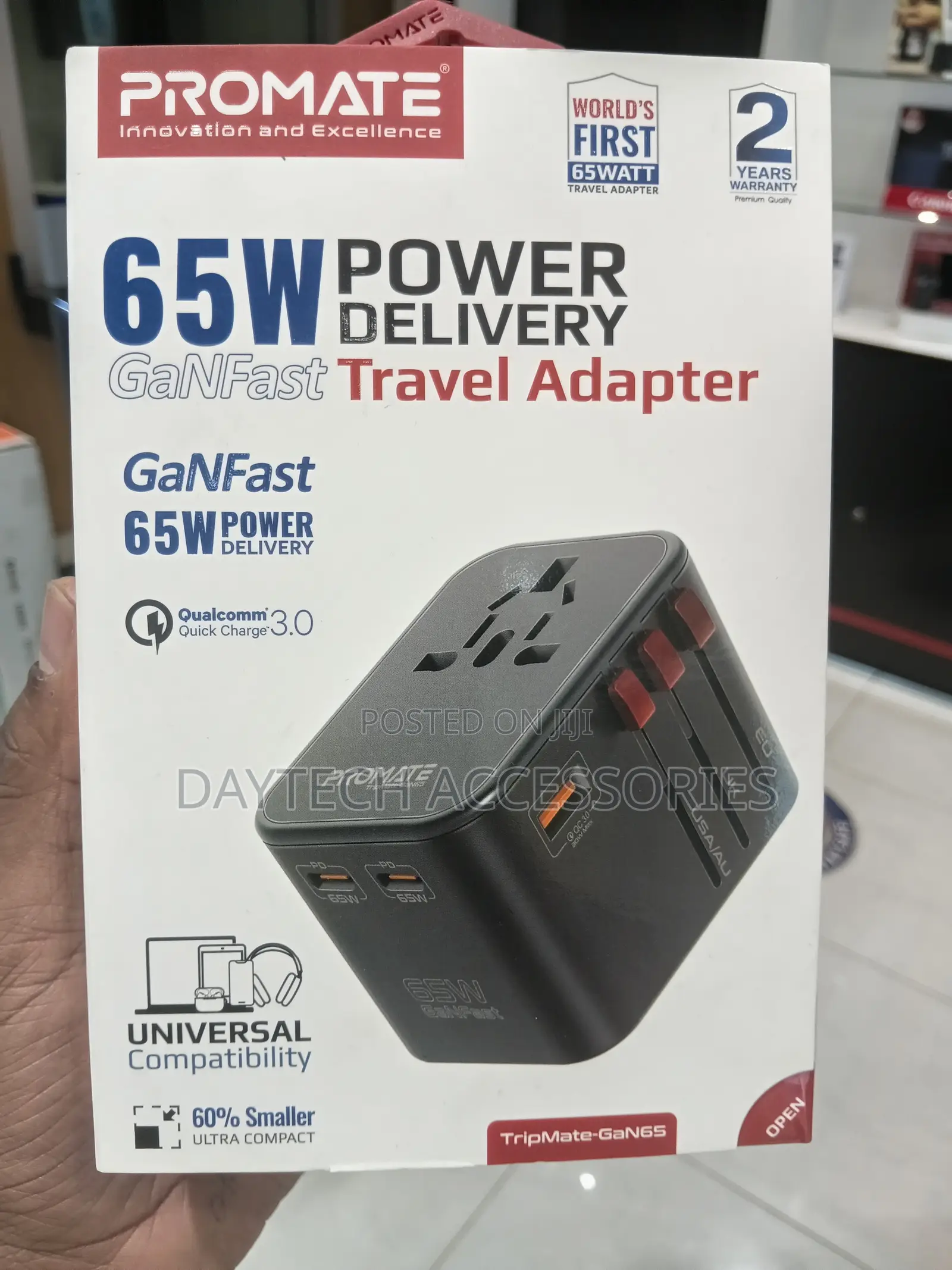 Promate 65W Power Delivery GaNFast Travel Adapter