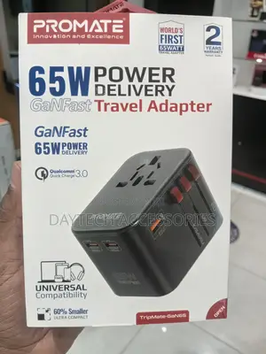 Promate 65W Power Delivery GaNFast Travel Adapter
