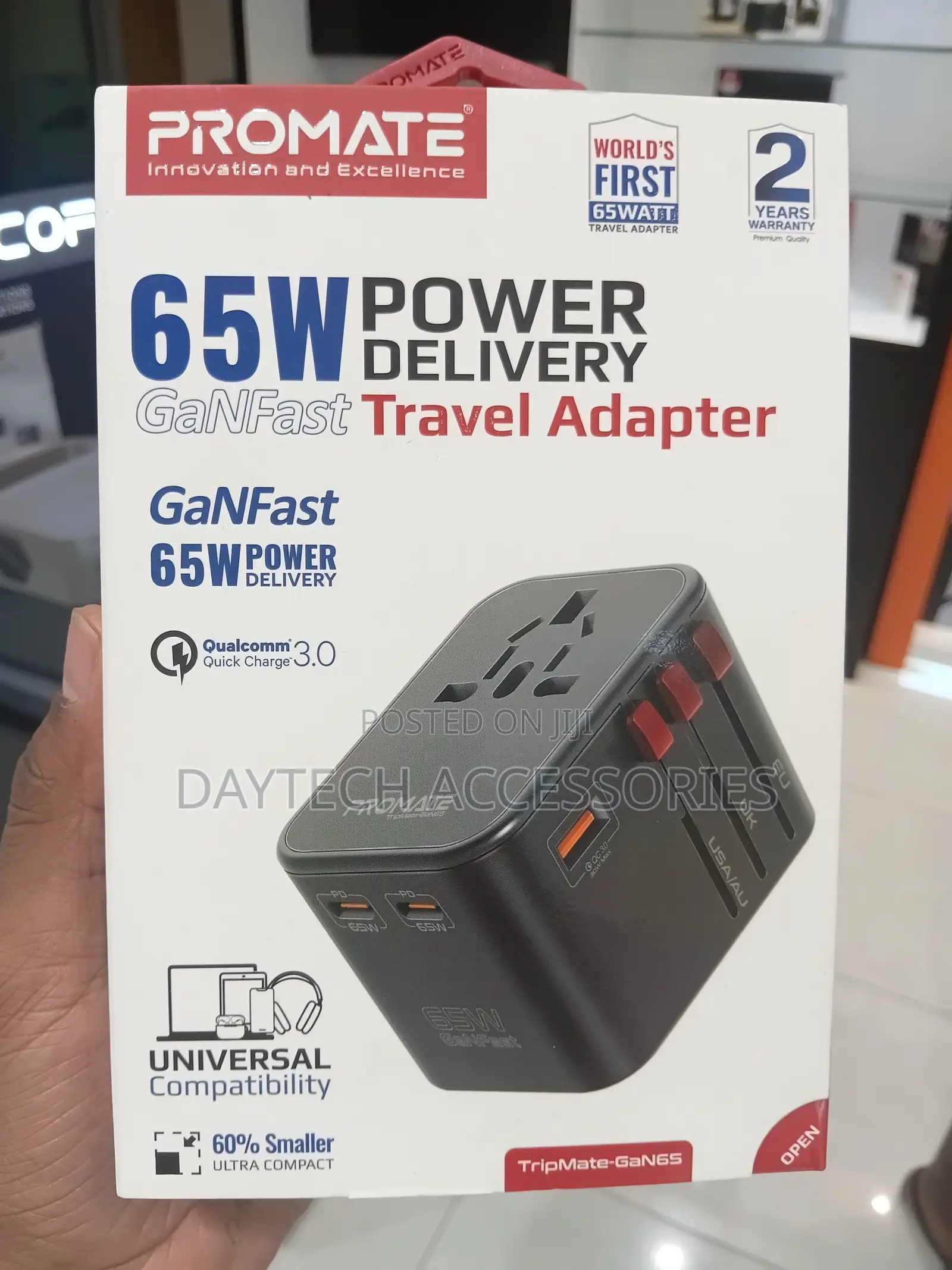 Promate 65W Power Delivery GaNFast Travel Adapter