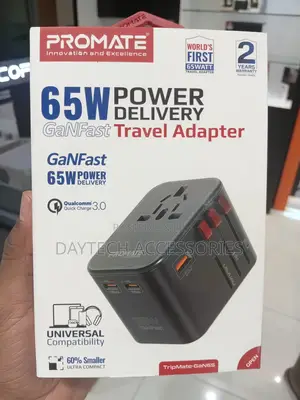 Promate 65W Power Delivery GaNFast Travel Adapter