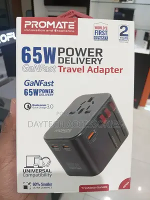 Promate 65W Power Delivery GaNFast Travel Adapter