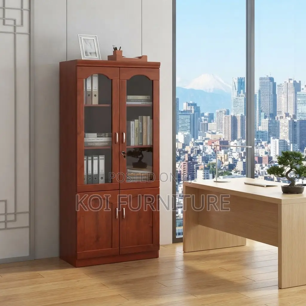 Office Cabinet; Two Doors Executive Modern Mahogany Colored Cabinet