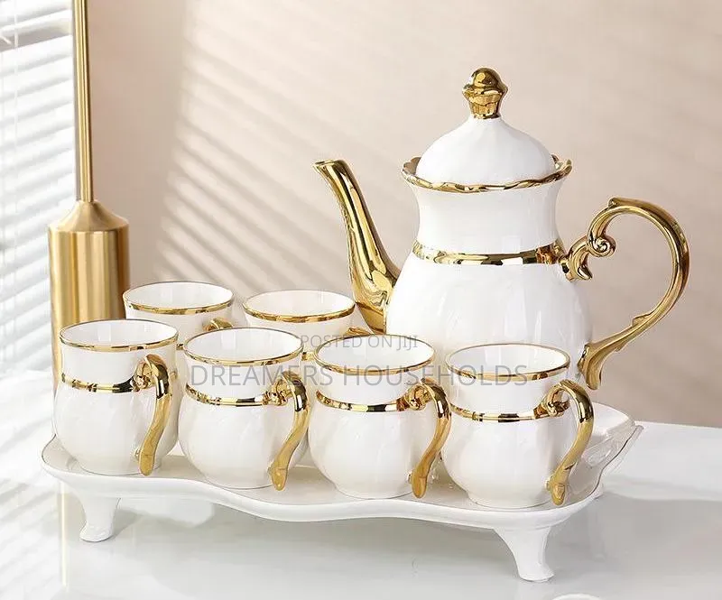 Unique 8PCS Nordic Ceramic Tea Set With Gold Rim + Tray