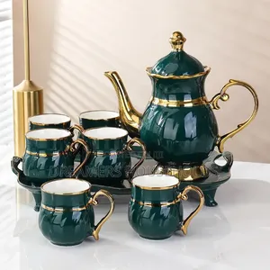 Unique 8PCS Nordic Ceramic Tea Set With Gold Rim + Tray