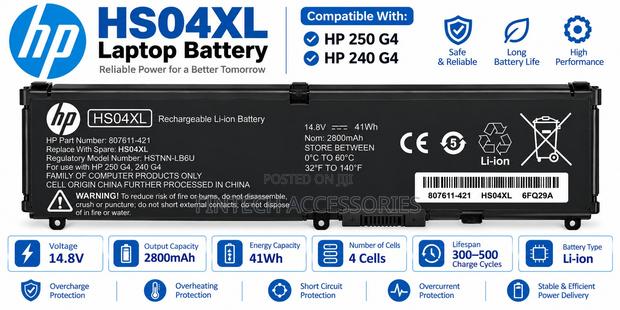 HP HS04XL Laptop Battery for 250 G4 240 G4 –4 Cell Replacement Battery