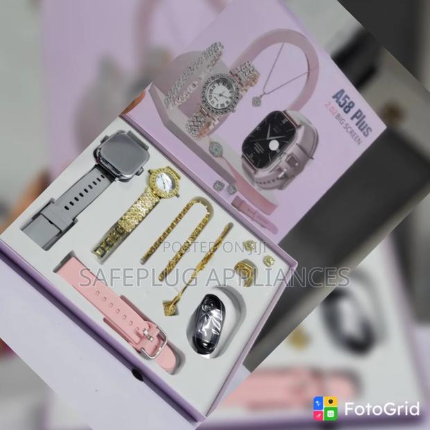 A58 Plus Smartwatch With Golden Watch Jewelry Set – Complete 9-Piece