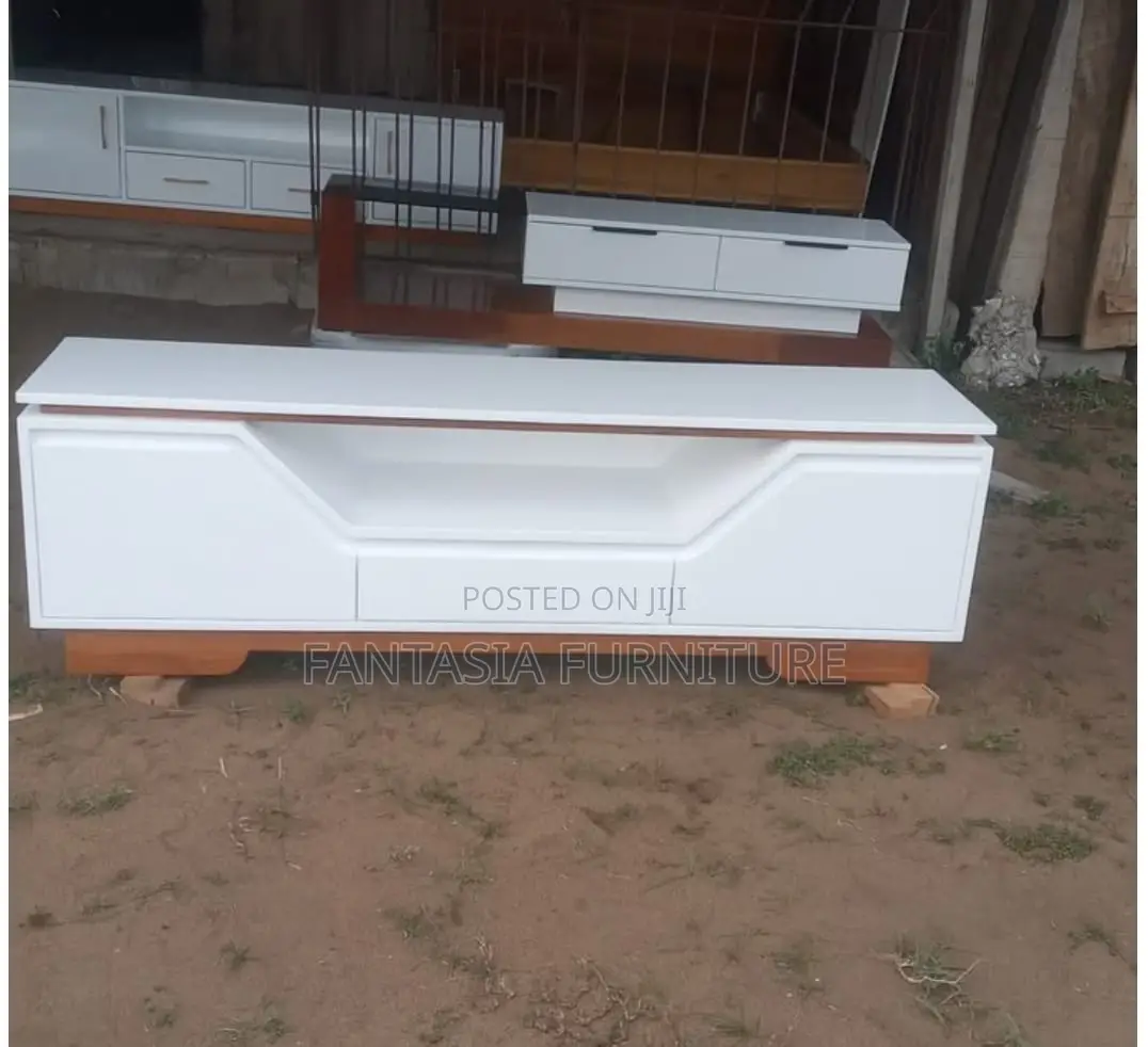 Elegant White TV Console With Wooden Base