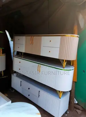 White Fluted TV Console With Golden Legs