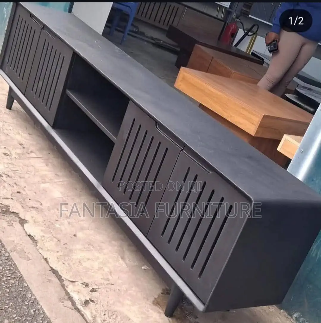 Charcoal Grey Slatted TV Console