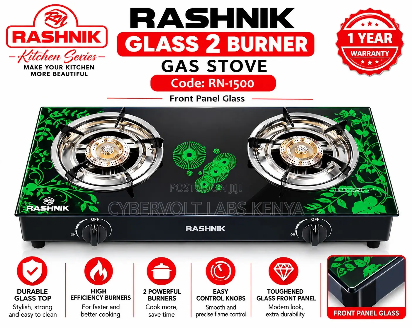 Rashnik Glass 2burner Gas Stove Code: RN-1500 Front Panel Glass