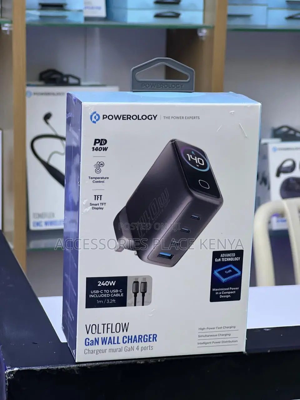 Powerology VoltFlow 140W 4-Port GaN Charger With TFT Display - Black