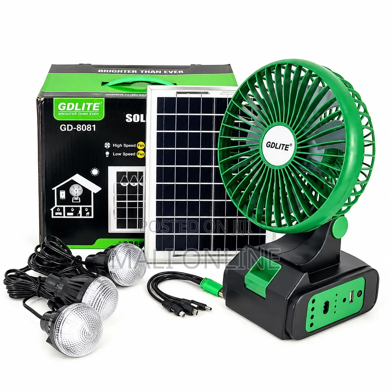 GDLITE GD-8081 Solar Lighting Fan System Kit With 3 LED Bulbs
