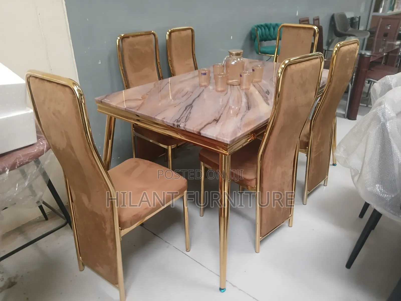 Luxury 6-Seater Marble Dining Set With Velvet Chairs – Gold Frame