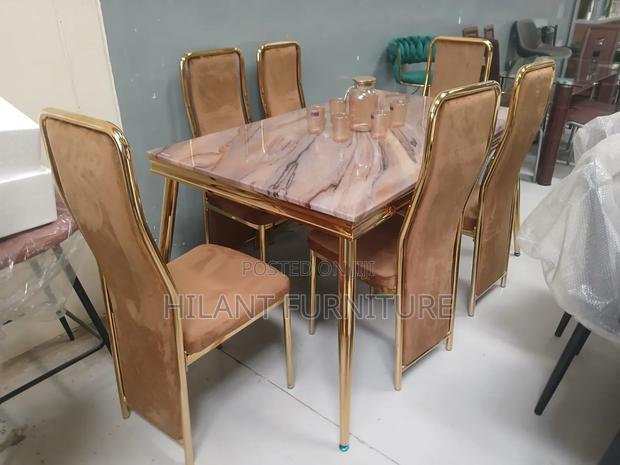 Luxury 6-Seater Marble Dining Set With Velvet Chairs – Gold Frame