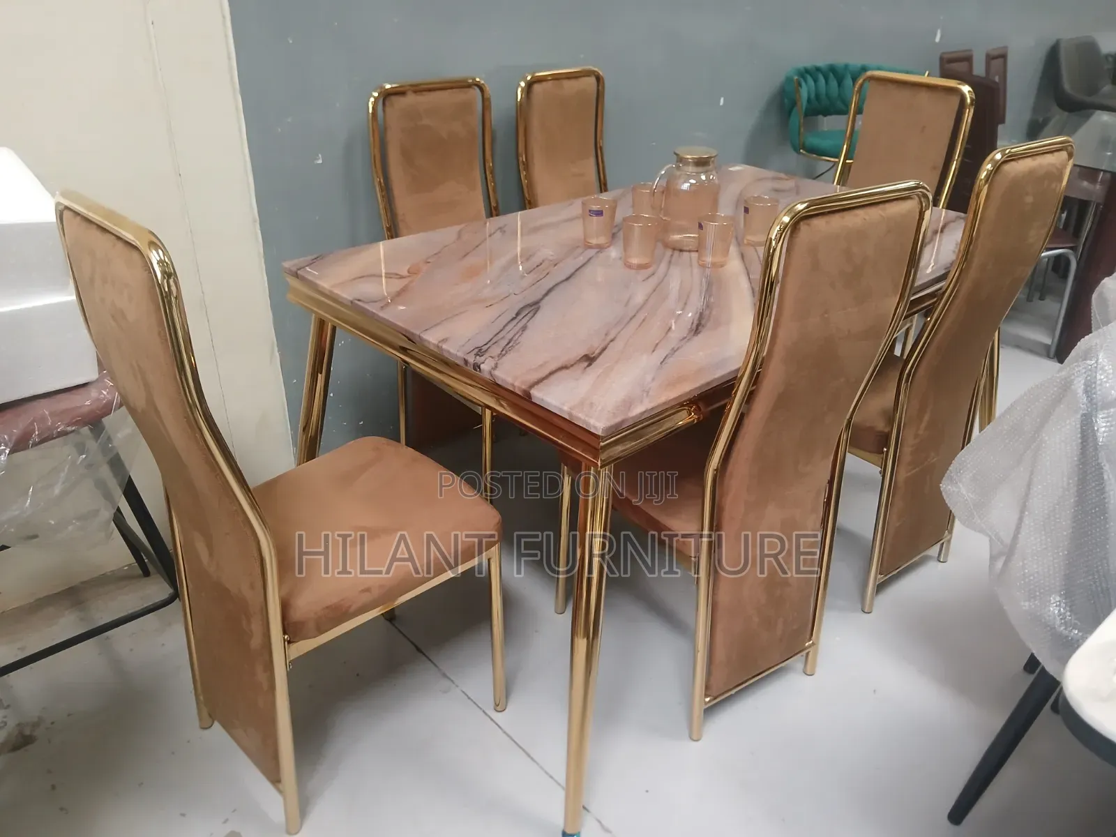Luxury 6-Seater Marble Dining Set With Velvet Chairs – Gold Frame