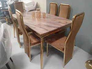 Luxury 6-Seater Marble Dining Set With Velvet Chairs – Gold Frame
