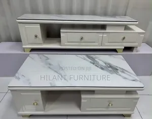 Luxury White Marble-Top TV Stand Coffee Table Set – Gold Accent.