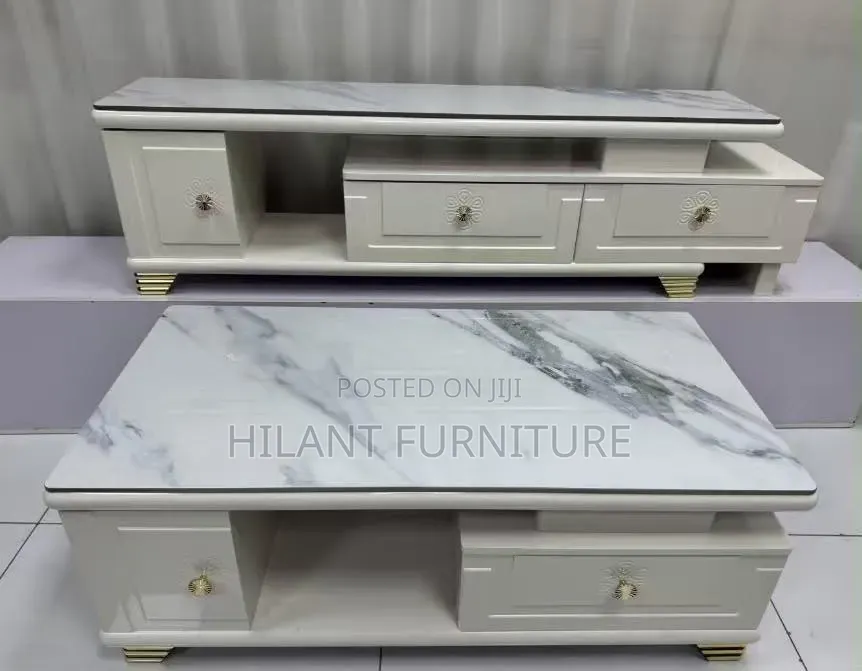 Luxury White Marble-Top TV Stand Coffee Table Set – Gold Accent.