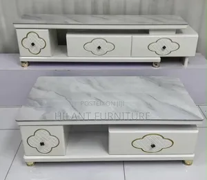 Luxury White Marble-Top TV Stand Coffee Table Set – Gold Accent.