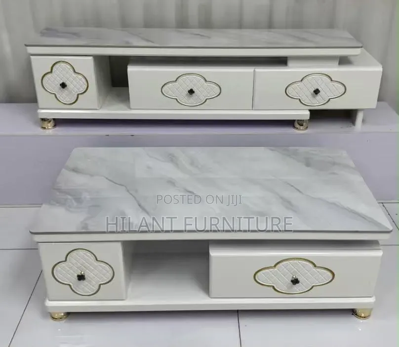 Luxury White Marble-Top TV Stand Coffee Table Set – Gold Accent.