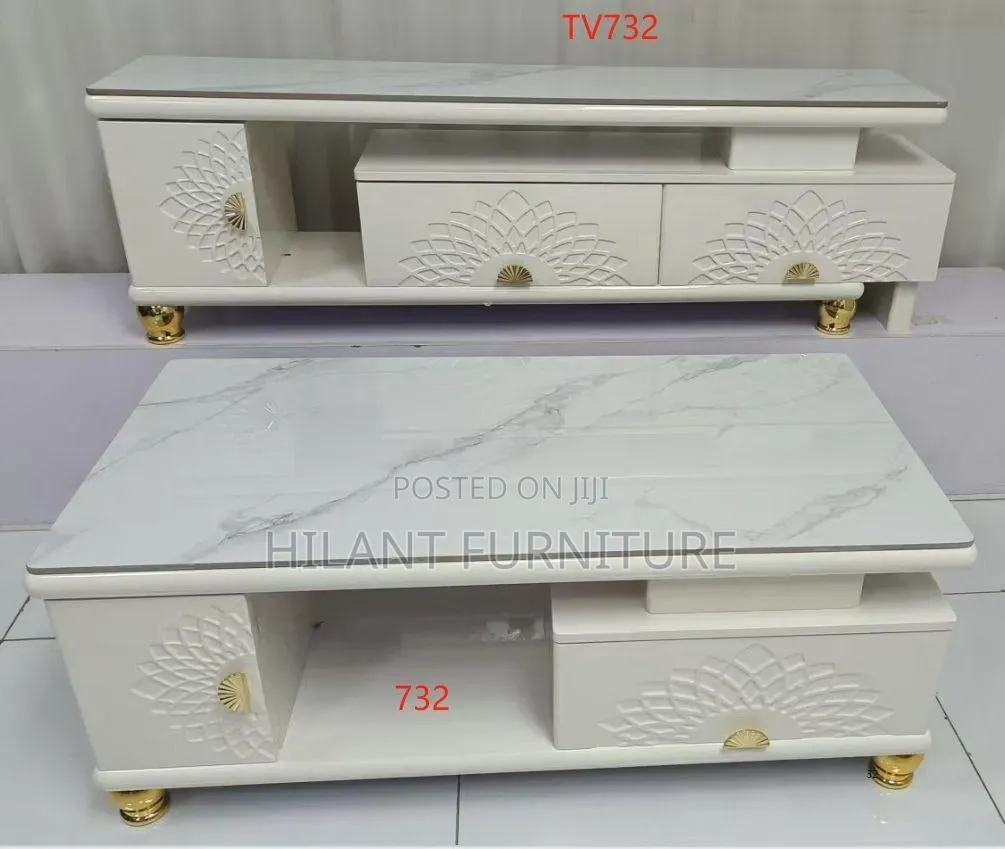 Luxury White Marble-Top TV Stand Coffee Table Set – Gold Accent.