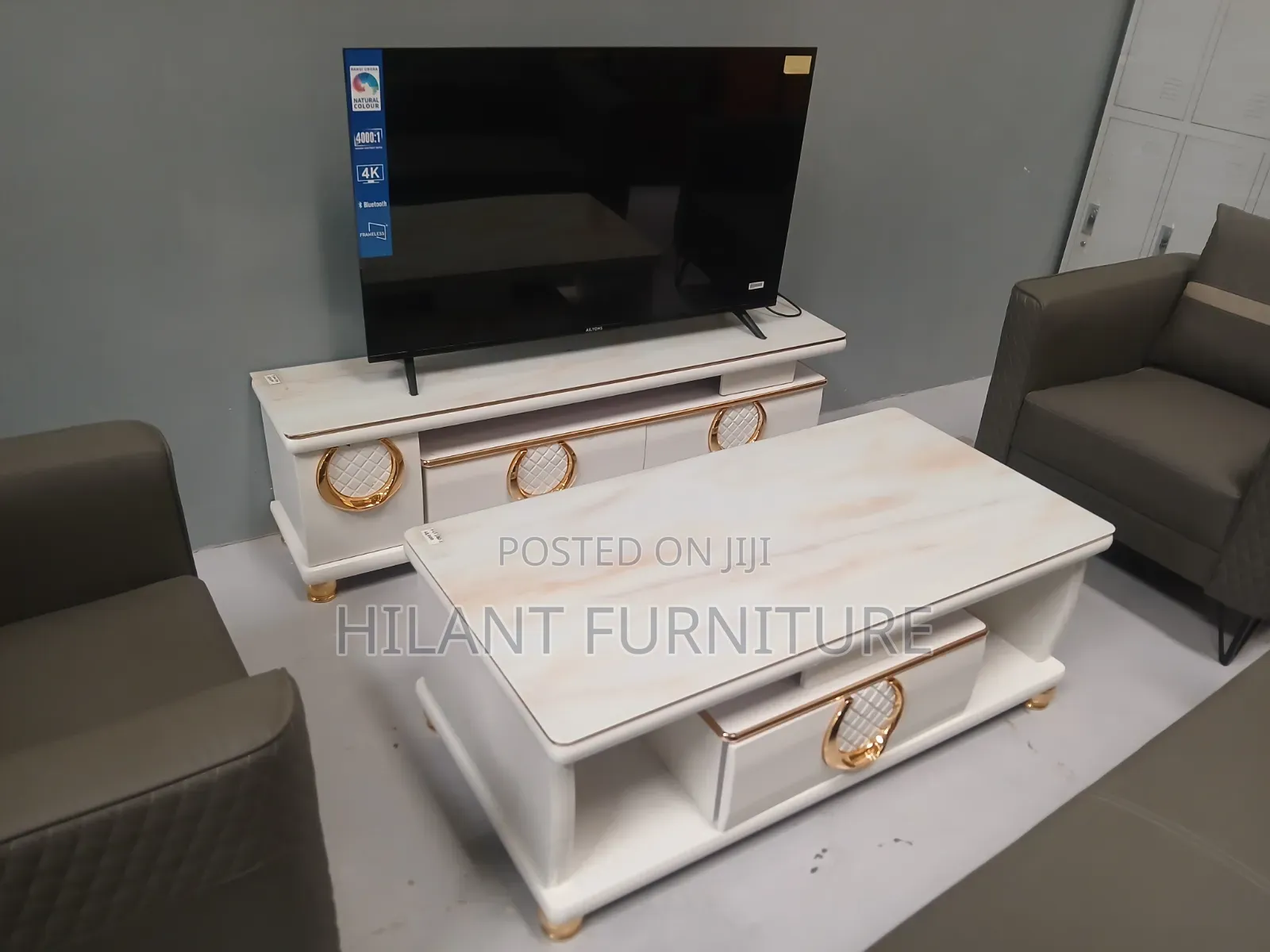 White Gold Tempered Glass Matching Coffee Table TV Stand Set