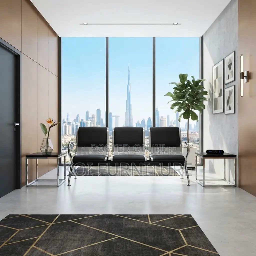 Office Benches; Black Leather Three Seaters Office Reception Bench