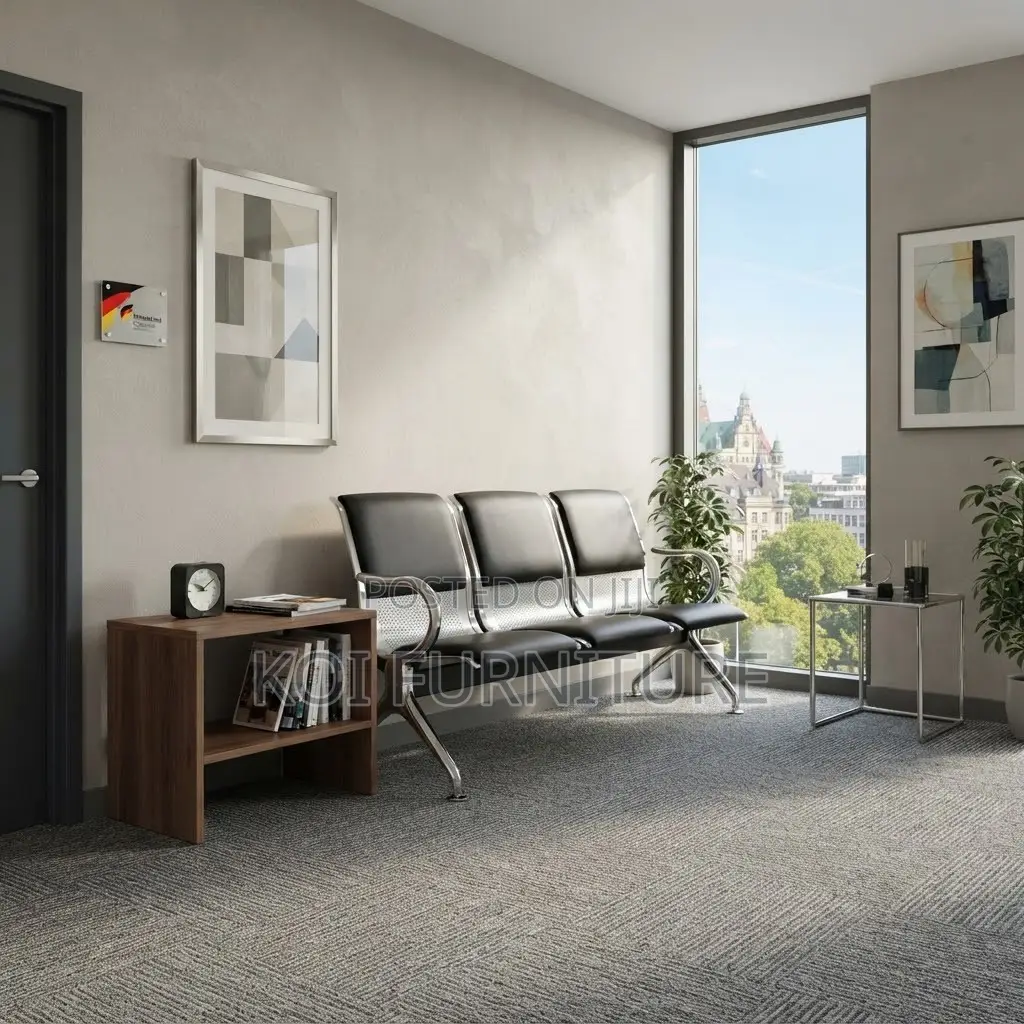 Office Benches; Black Leather Three Seaters Office Reception Bench