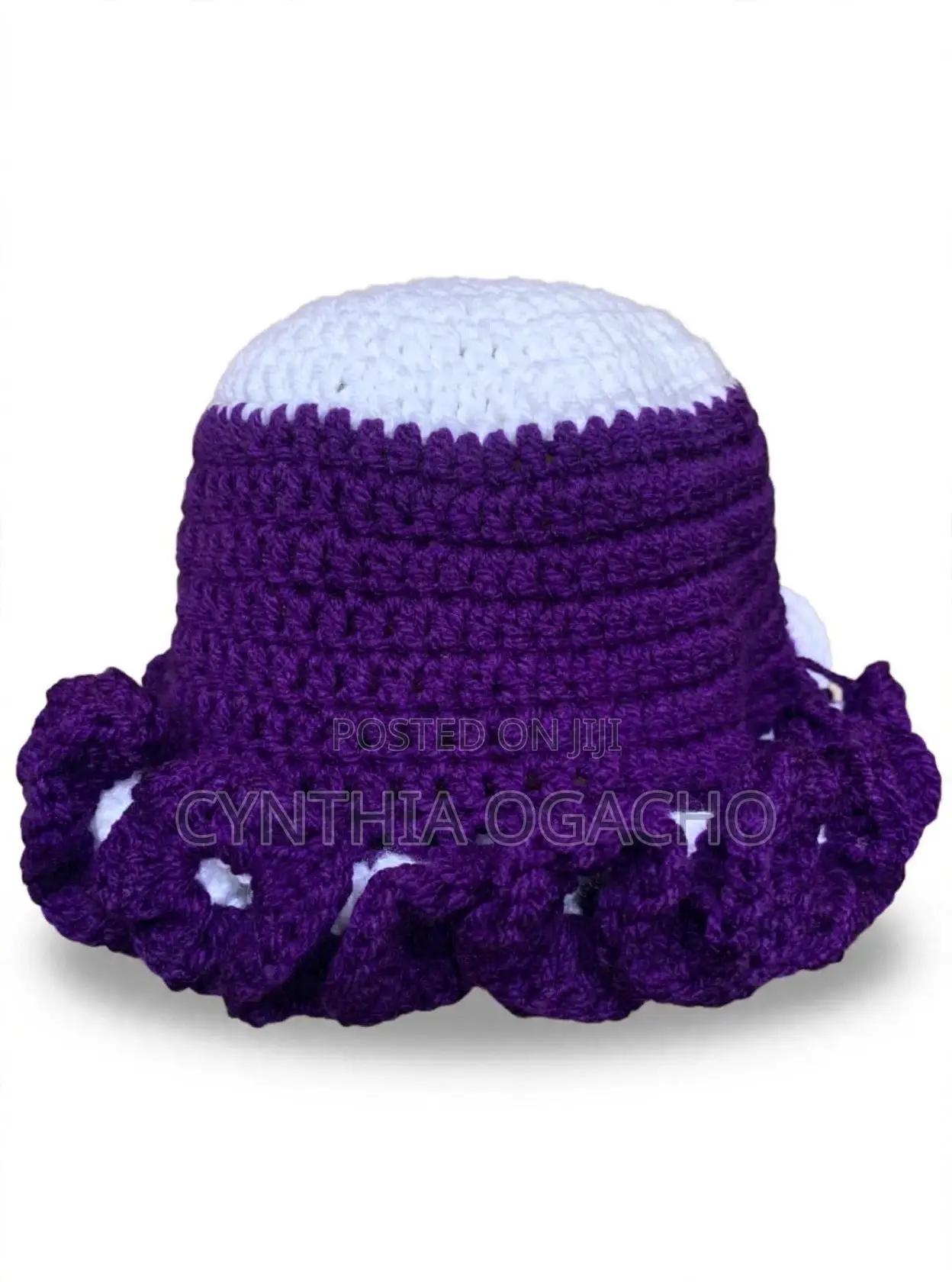 Purple and White Crochet Ruffle Hat- Robin Chunky