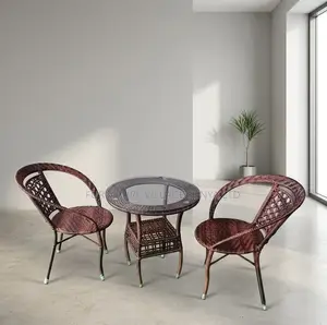 Outdoor Set; Brown 3 Piece Rattan Outdoor-Balcony Set
