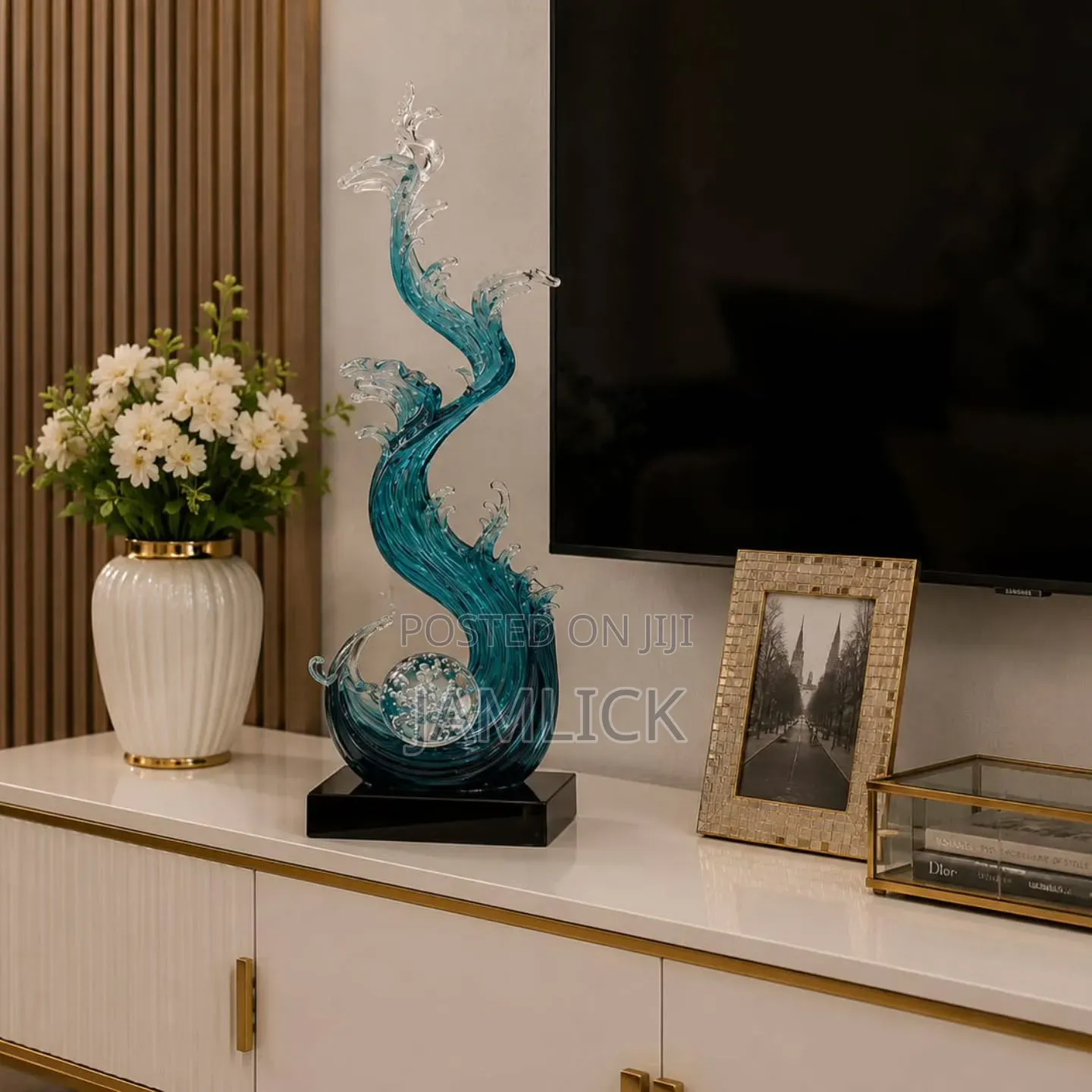 Luxury Artistic Blue Clear Resin Ocean Wave Sculpture - Gh