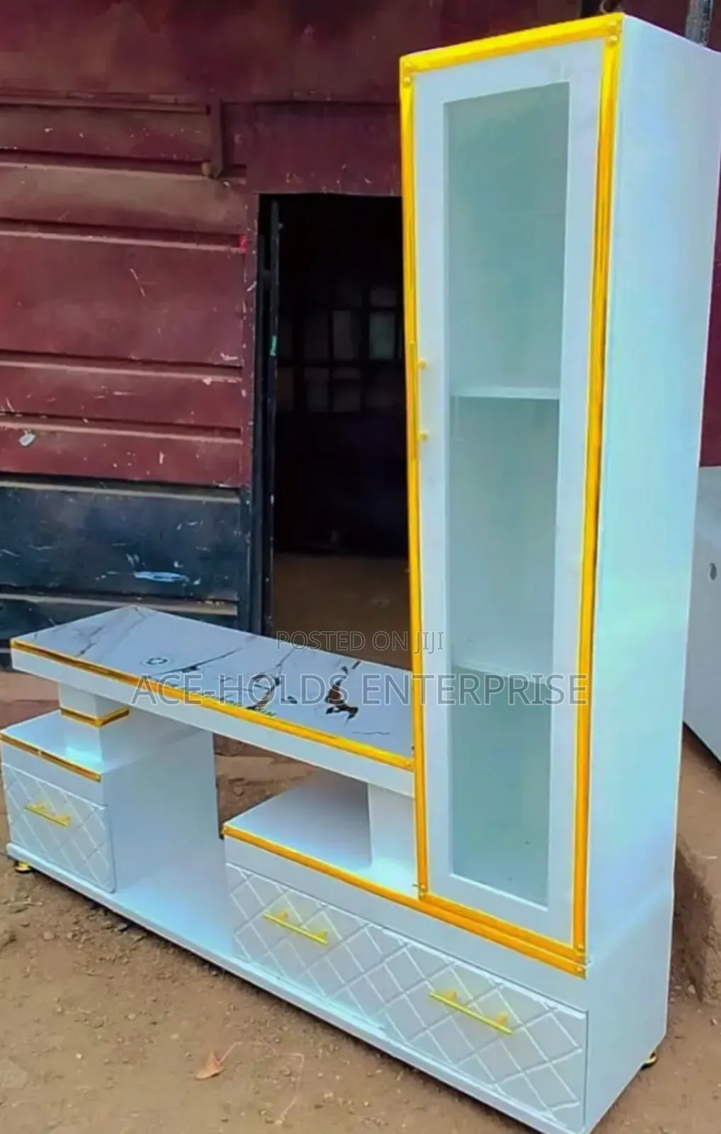 Executive Extended TV Stand - Marble Top Coating and Shelf Cabinet